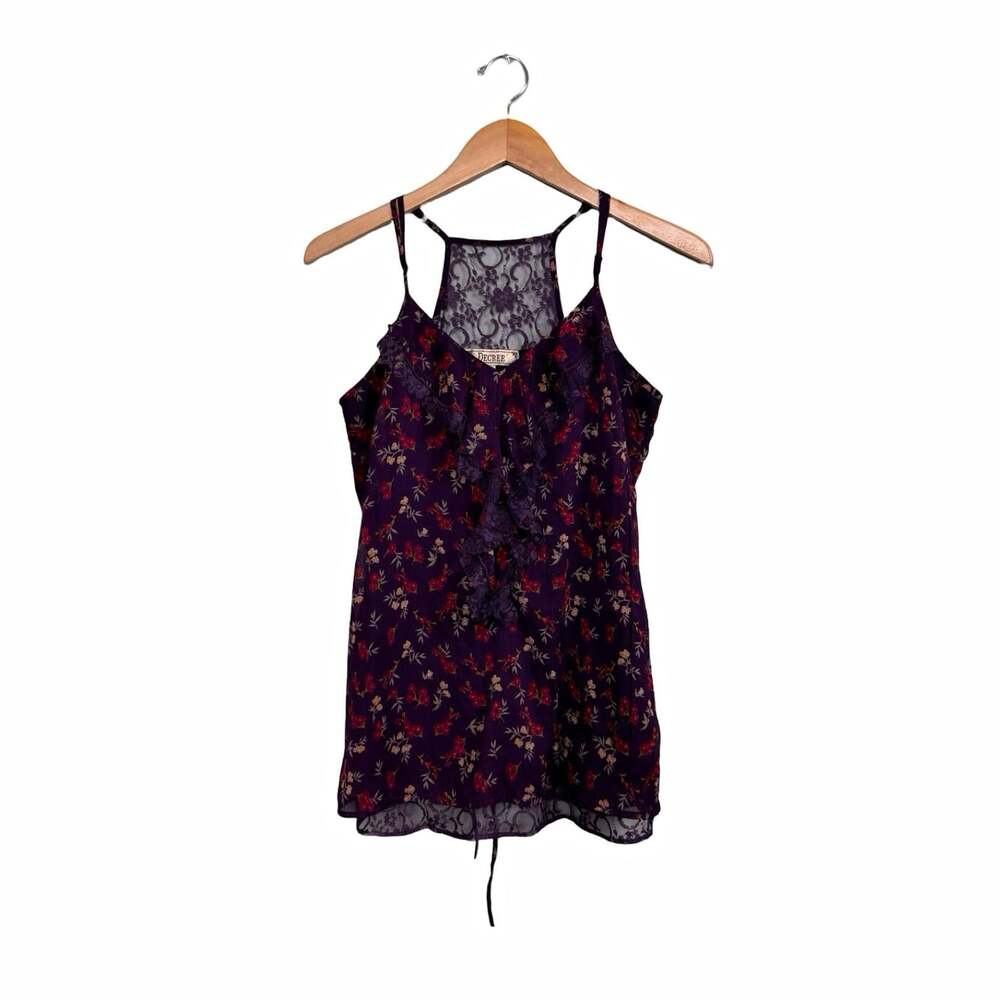 Decree Women’s Purple Floral Lace Ruffle V-Neck Spaghetti Strap Cami Tank M